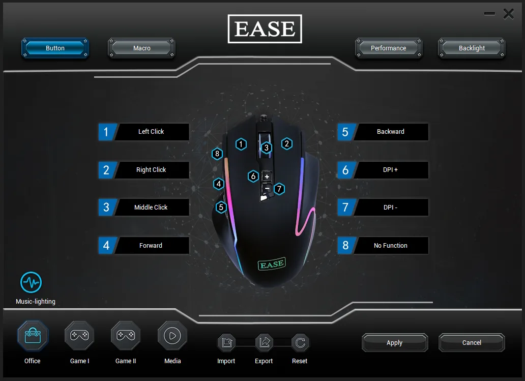 EASE mouse configuration software showing button bindings and RGB controls
