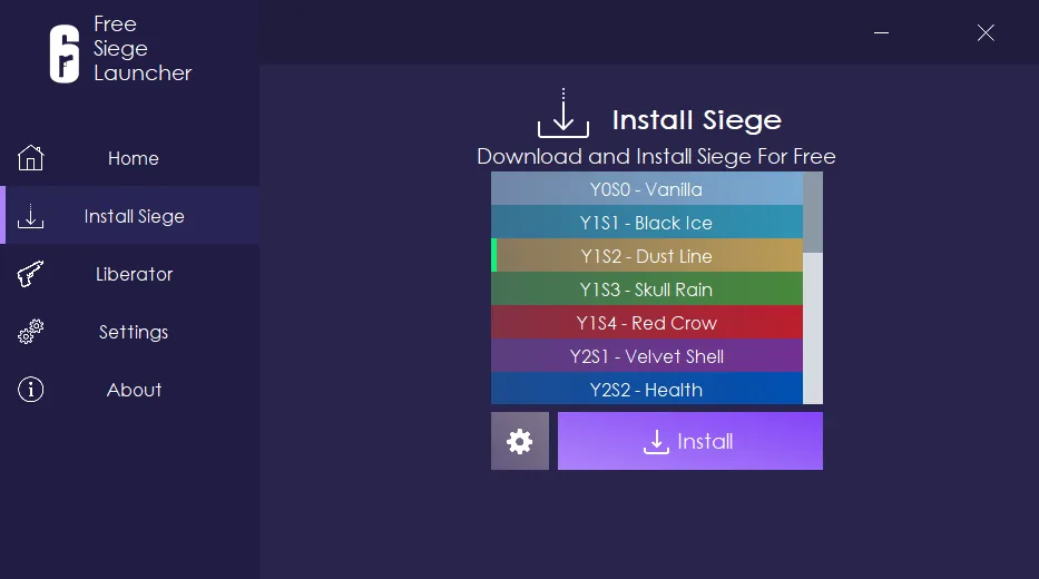 FreeSiegeLauncher install screen listing Rainbow Six Siege seasons