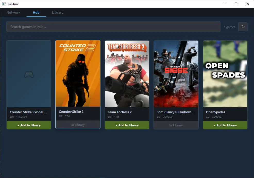 PlayLAN game hub showing a grid of supported games