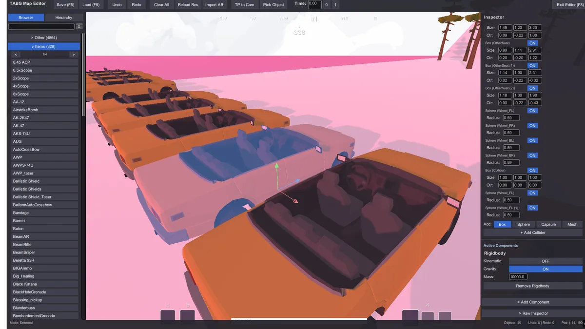 TABG Map Editor with object browser, scene view and inspector panel