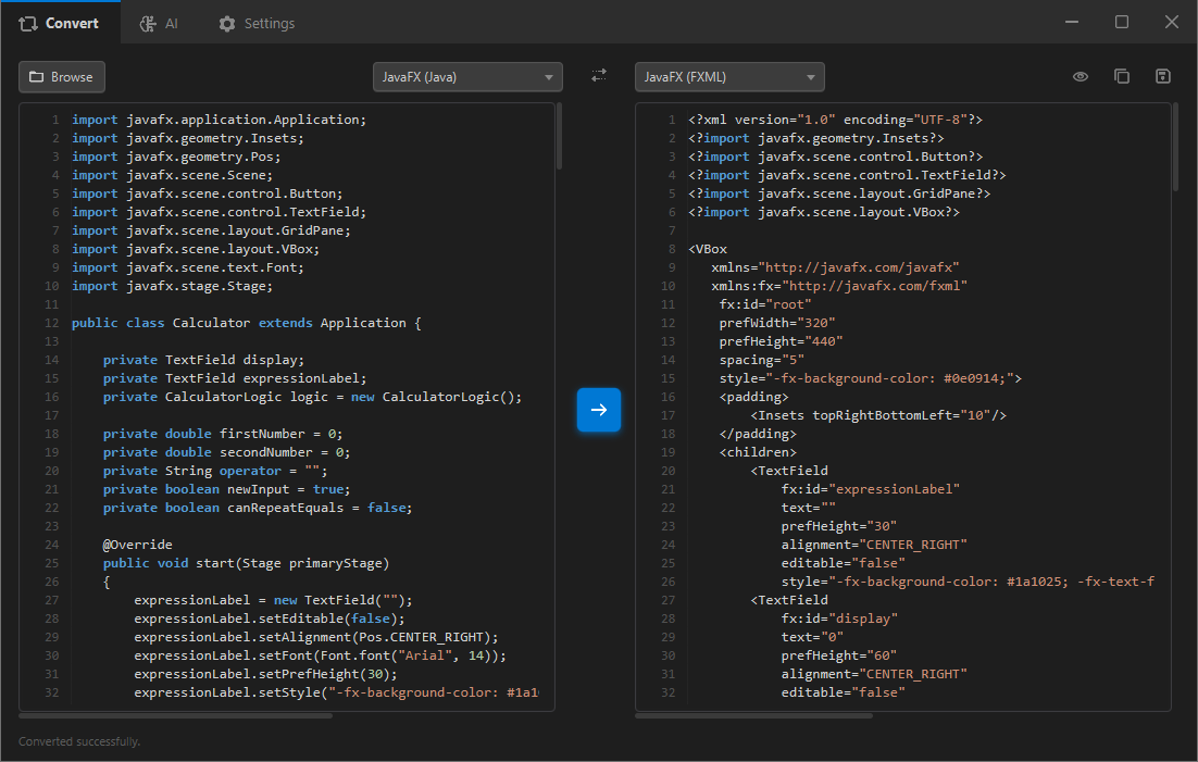 UIPorter converting JavaFX Java code to FXML side by side