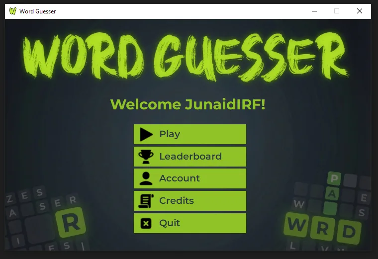 WordGuesser main menu with play, leaderboard and account options